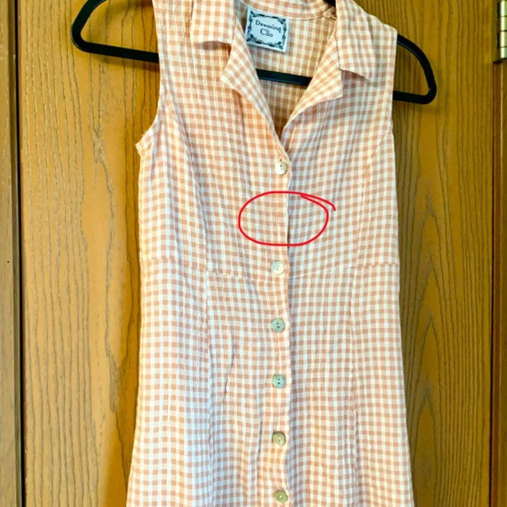 DAMAGED VINTAGE DRESSING CLIO PEACH & WHITE GINGHAM CHECKERED DRESS BUTTON FRONT - Picture 3 of 4
